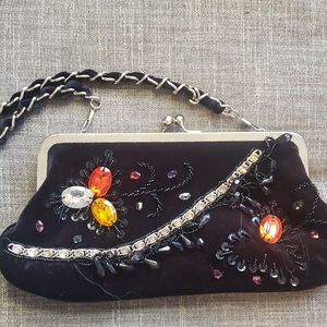 Vintage style beaded black velvet purse bag JNS